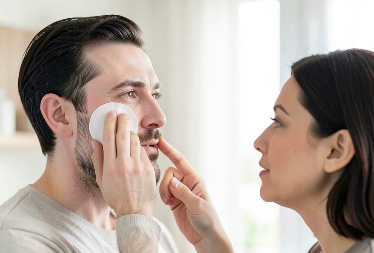 Turkish man with white skin applying toner pad with his wife