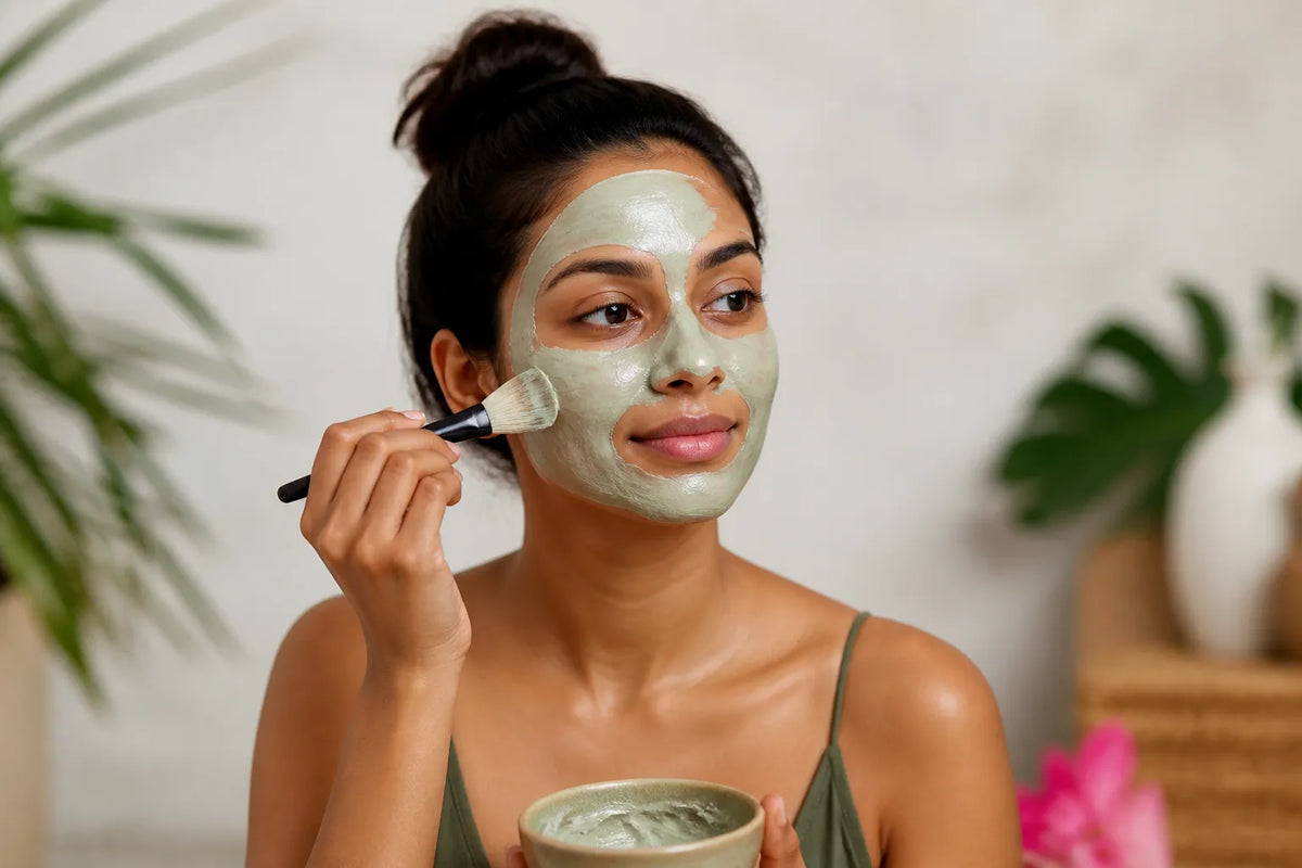 Woman with warm brown skin applying a face mask