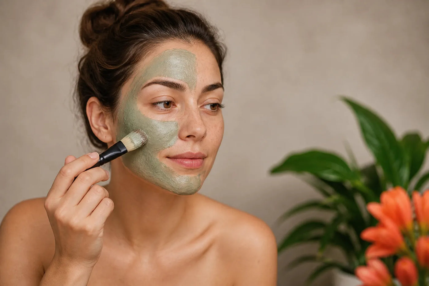 Woman with light skin applying a face mask