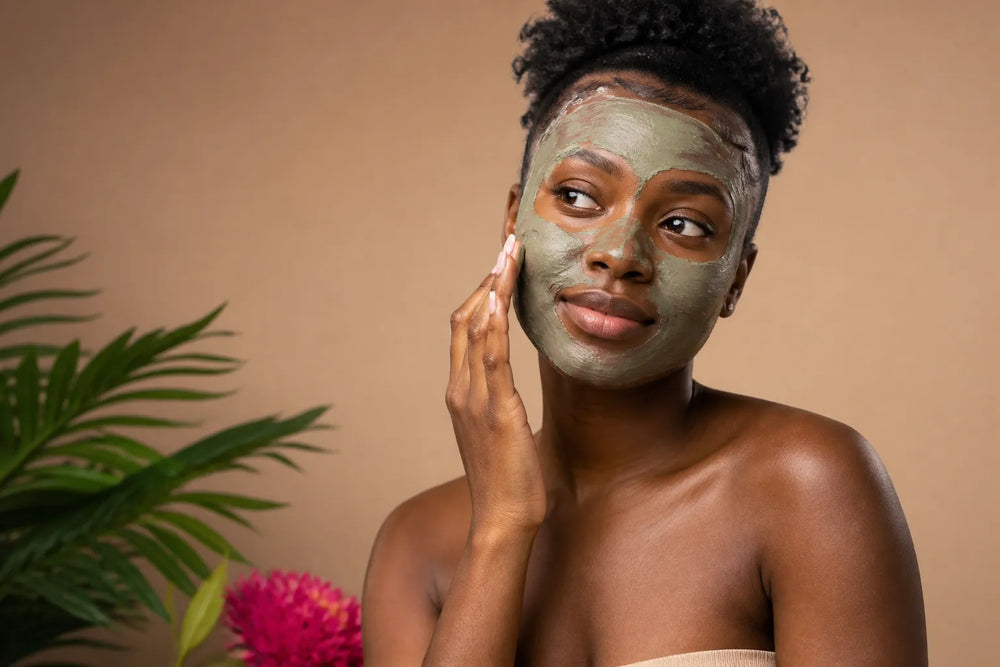 Woman with deep brown skin applying a face mask