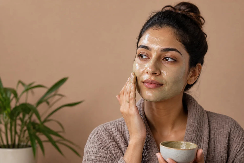 Woman with medium olive skin applying a face mask