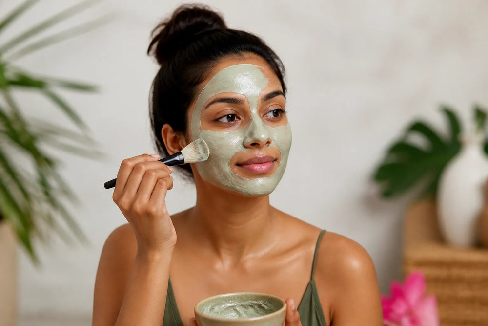 Woman with warm brown skin applying a face mask