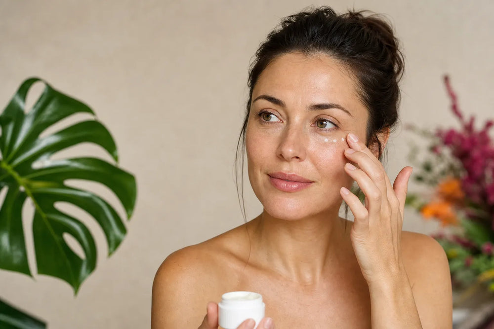 Woman with light skin applying eye cream