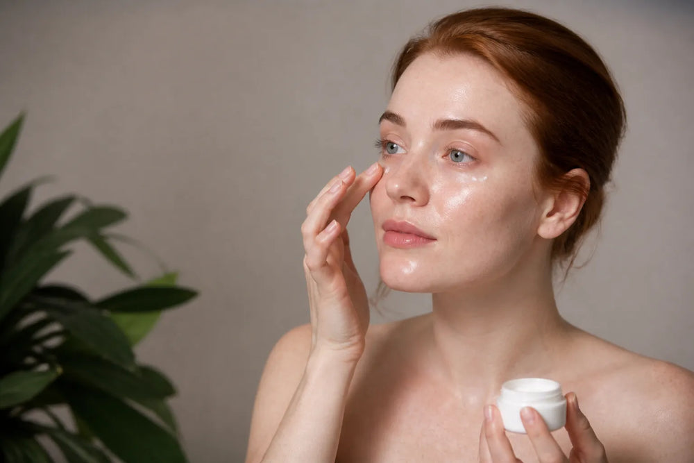 Woman with very fair skin applying eye cream