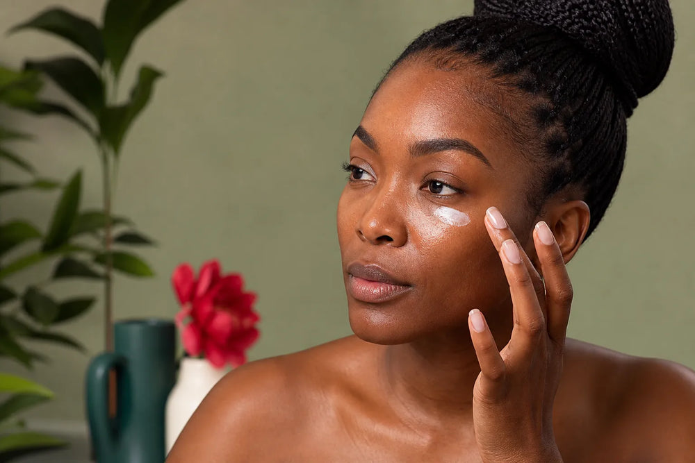 Woman with deep brown skin applying eye cream