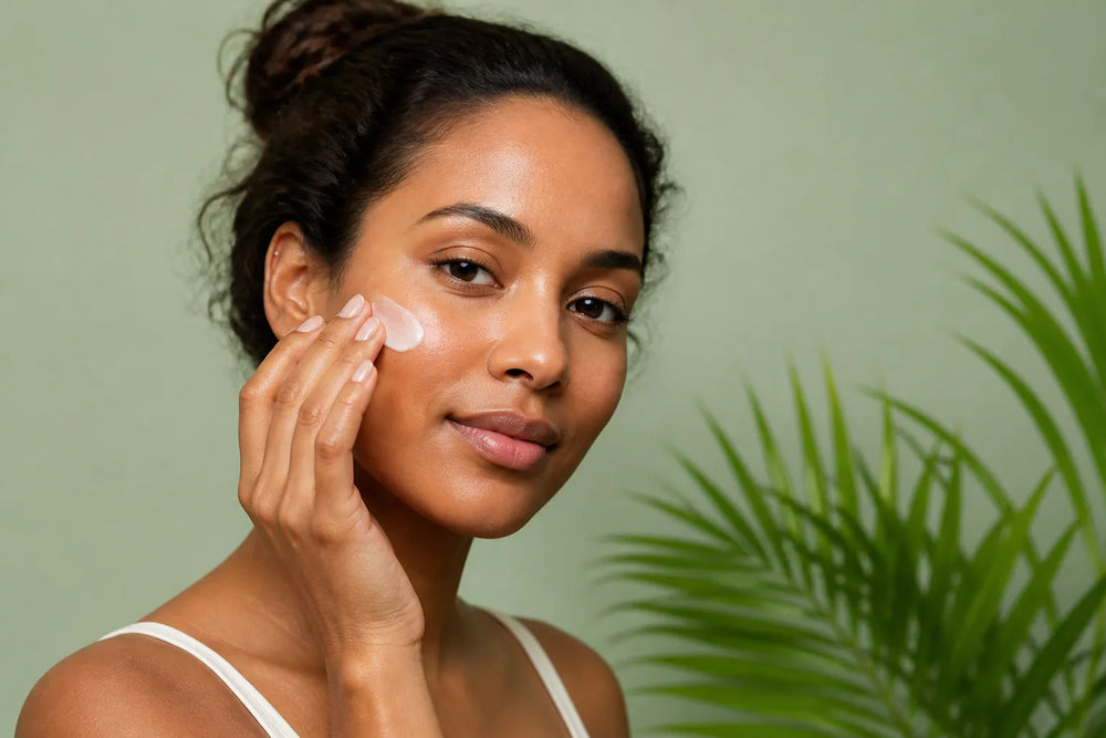 Woman with warm brown skin applying moisturizer
