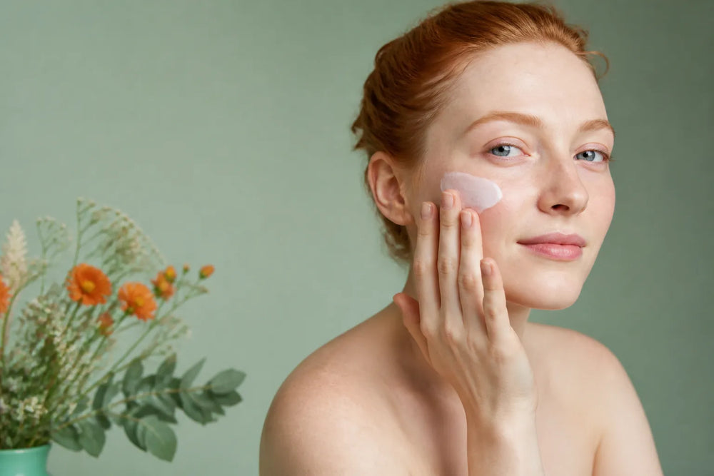 Woman with very fair skin applying moisturizer