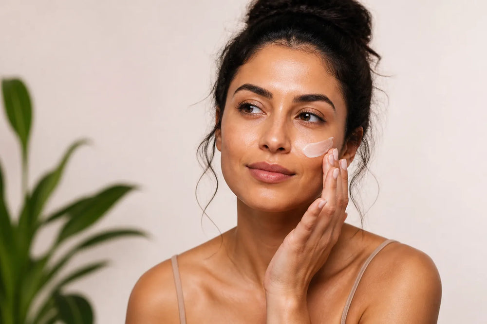 Woman with medium olive skin applying moisturizer