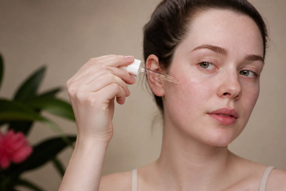Woman with very fair skin applying serum