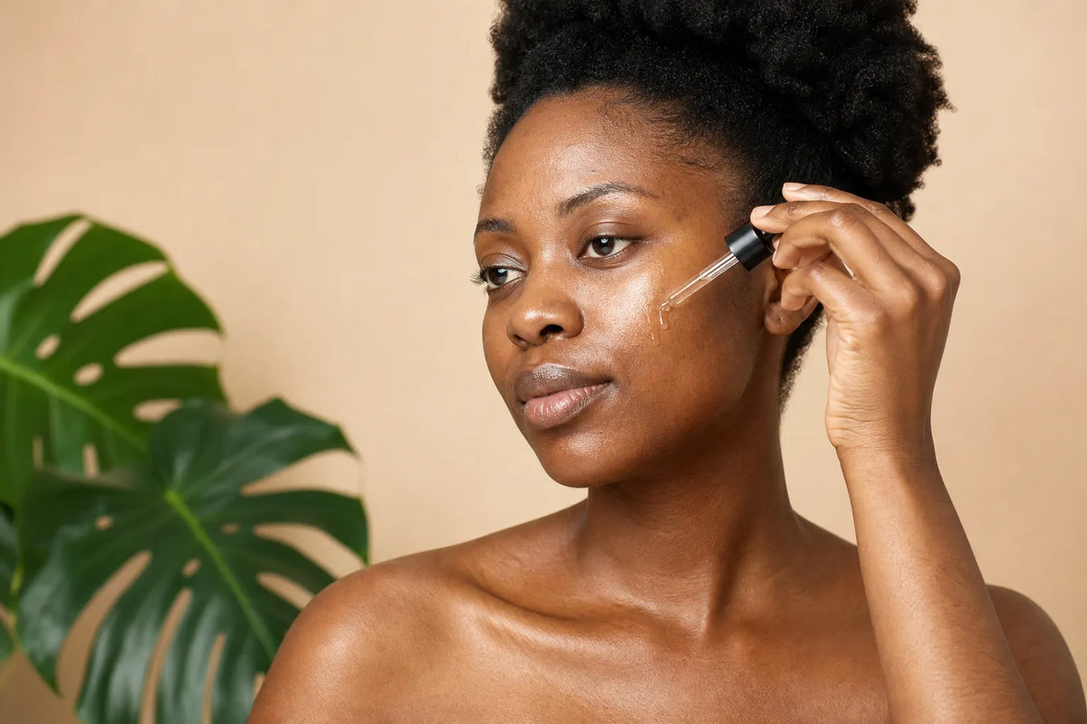 Woman with deep brown skin applying serum