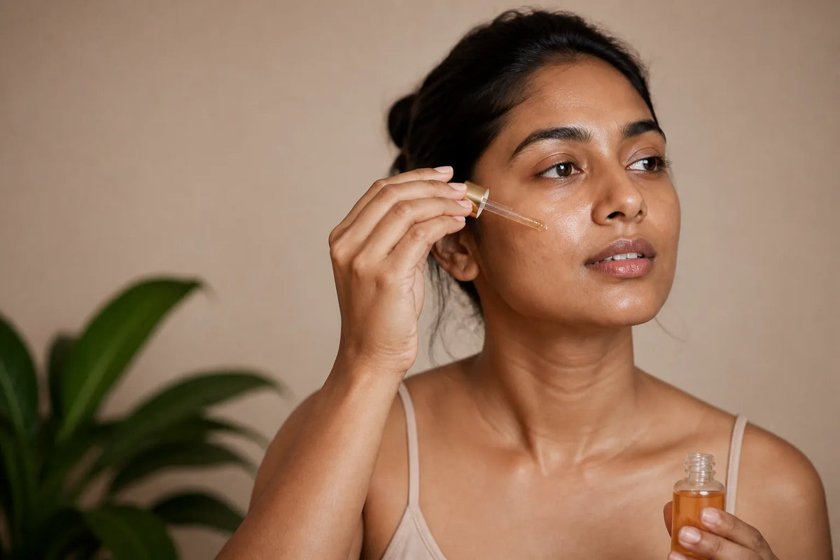 Woman with warm brown skin applying serum