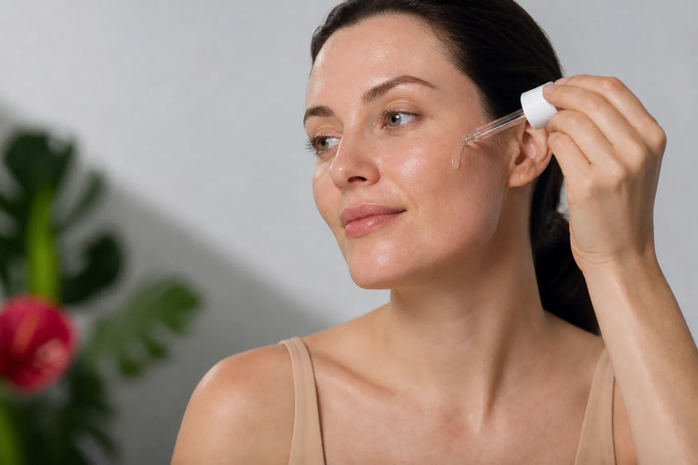 Woman with light skin applying serum