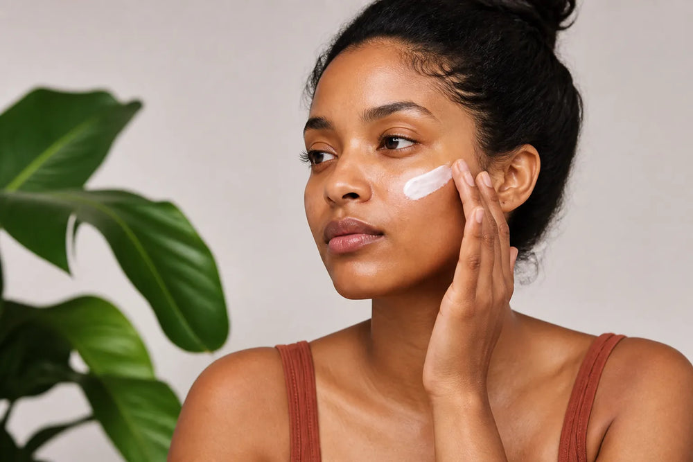 Woman with warm brown skin applying sunscreen