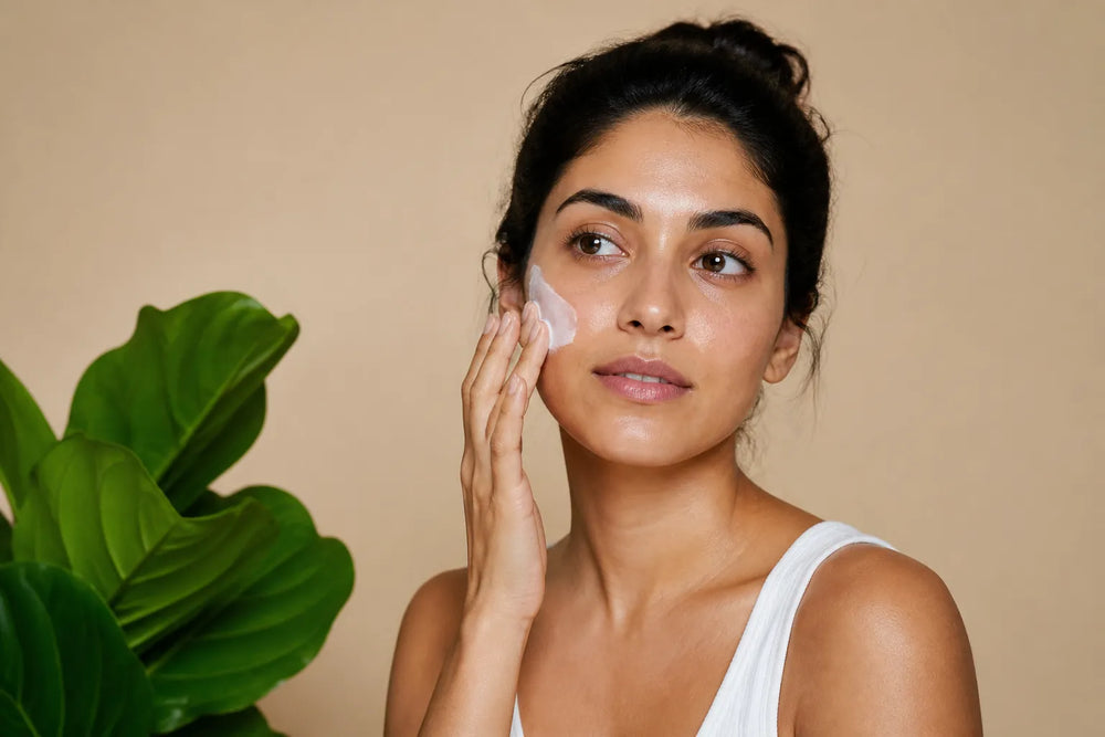 Woman with medium olive skin applying sunscreen