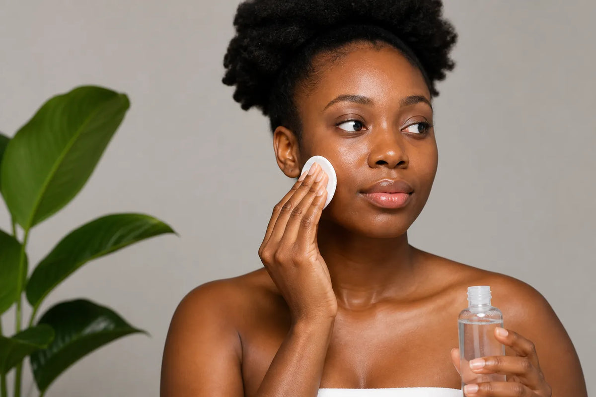 Woman with deep brown skin applying toner