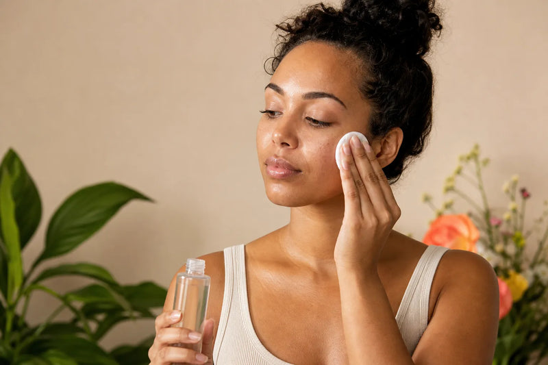 Woman with warm brown skin applying toner
