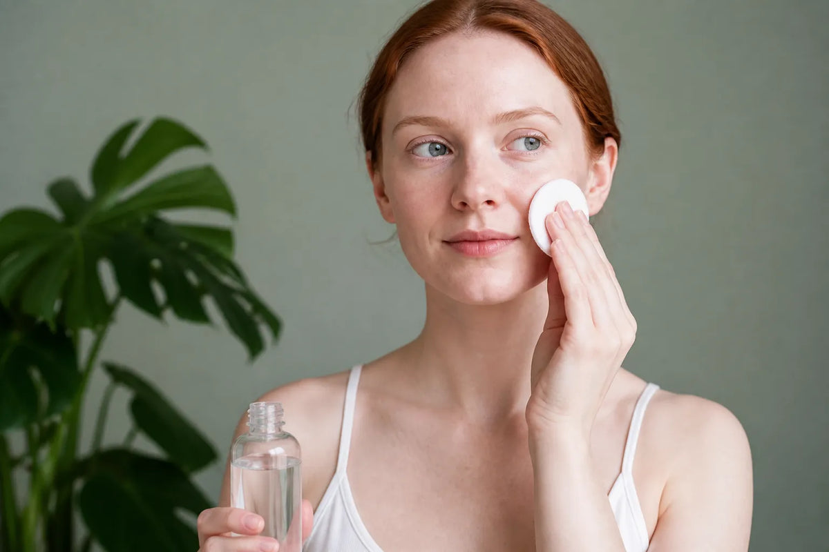 Woman with very fair skin applying toner