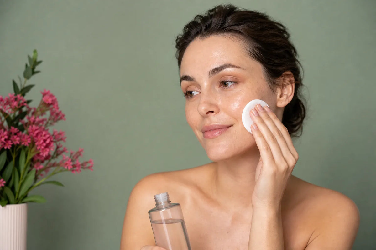 Woman with light skin applying toner
