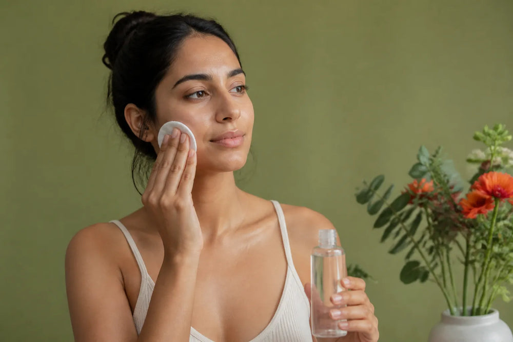 Woman with medium olive skin applying toner