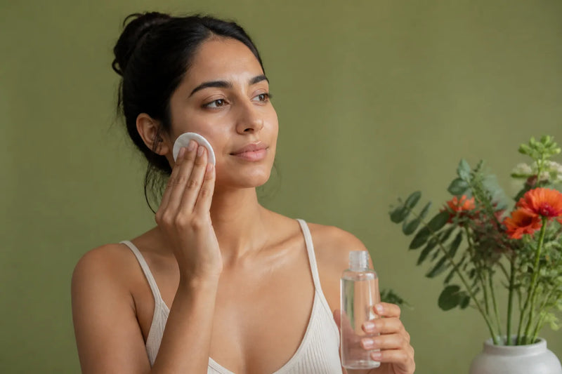 Woman with medium olive skin applying toner