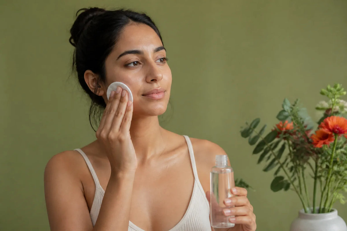 Woman with medium olive skin applying toner