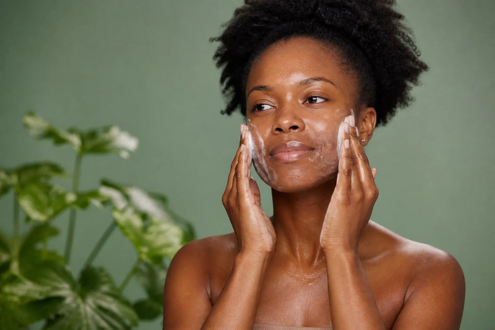 Woman with deep brown skin cleansing her face