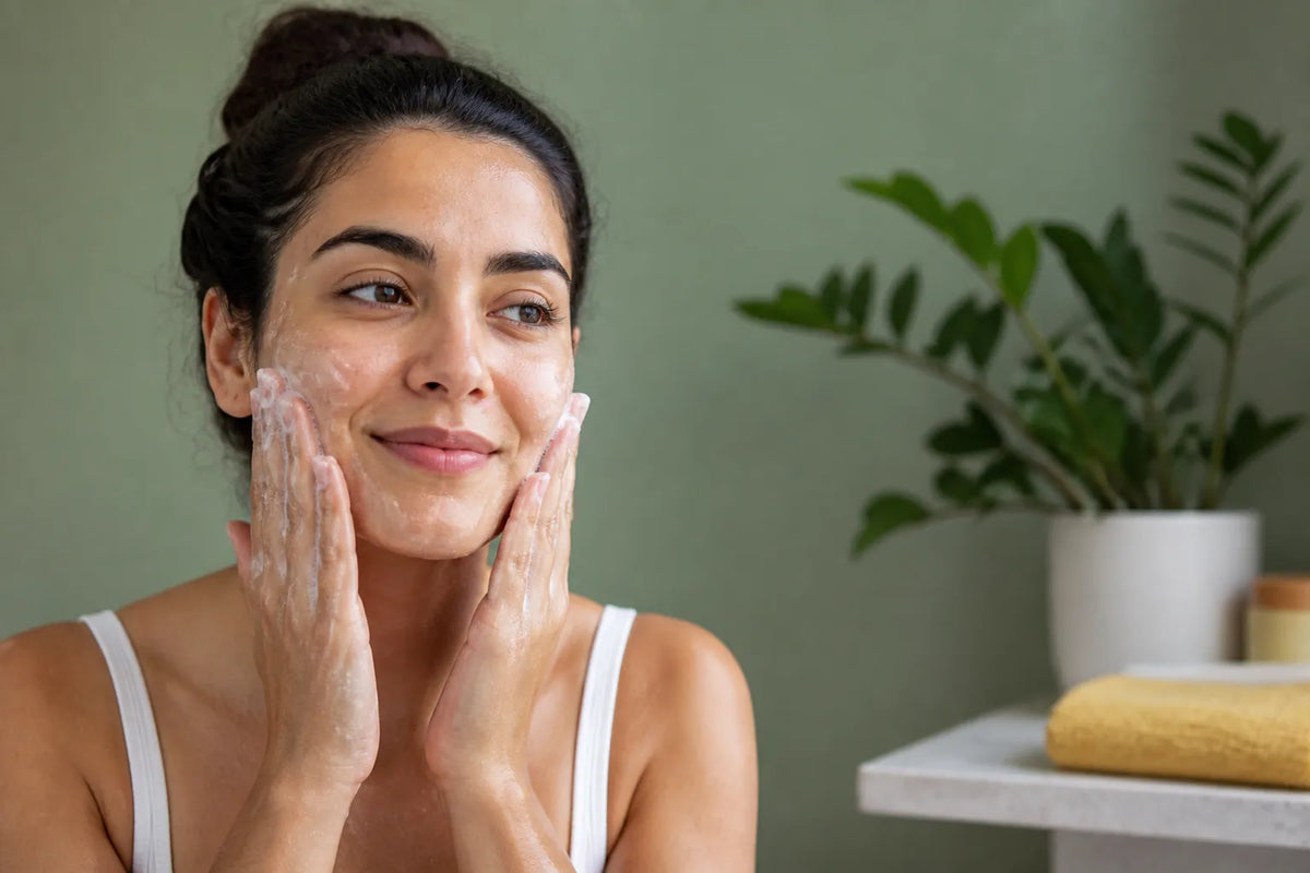 Woman with medium olive skin cleansing her face