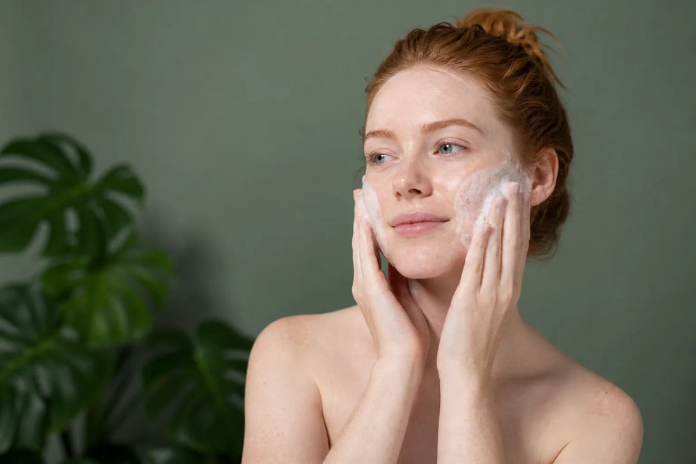 Woman with very fair skin cleansing her face
