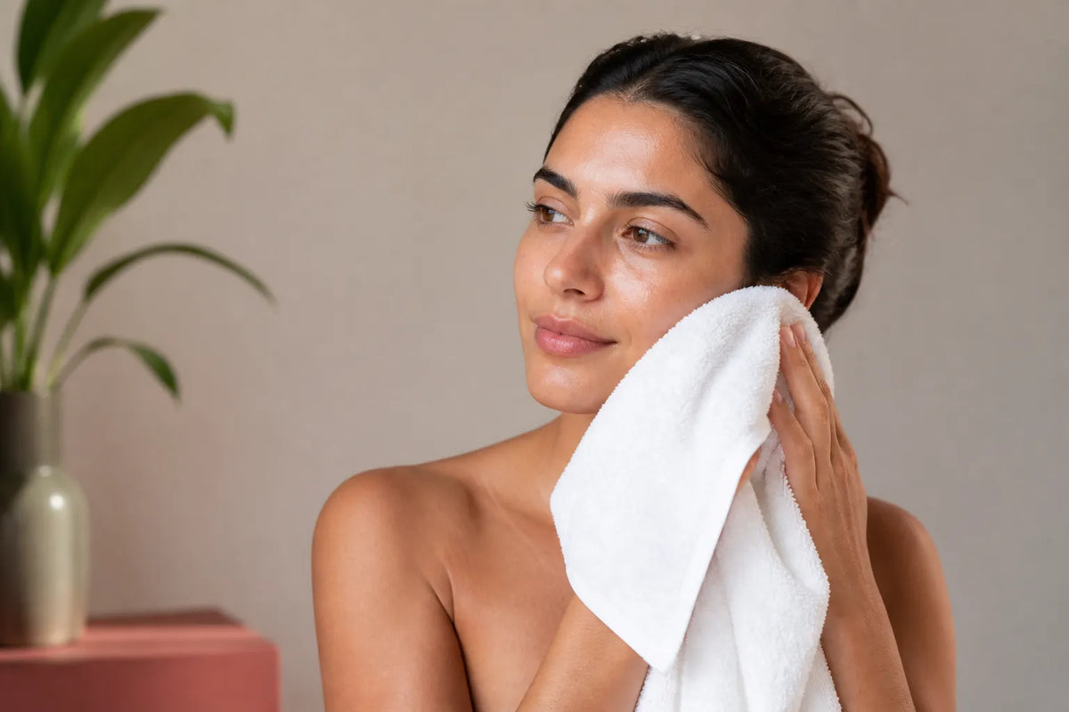 Woman with medium olive skin drying her face