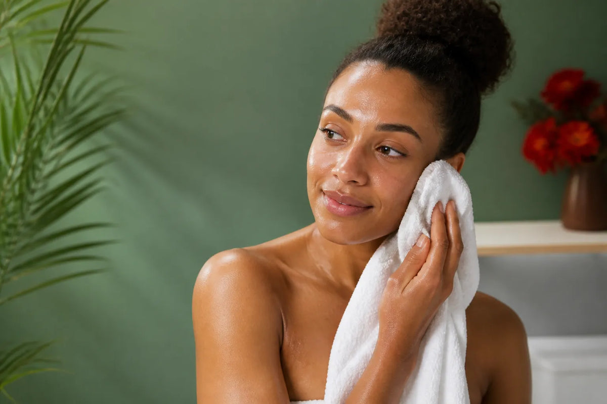 Woman with warm brown skin drying her face