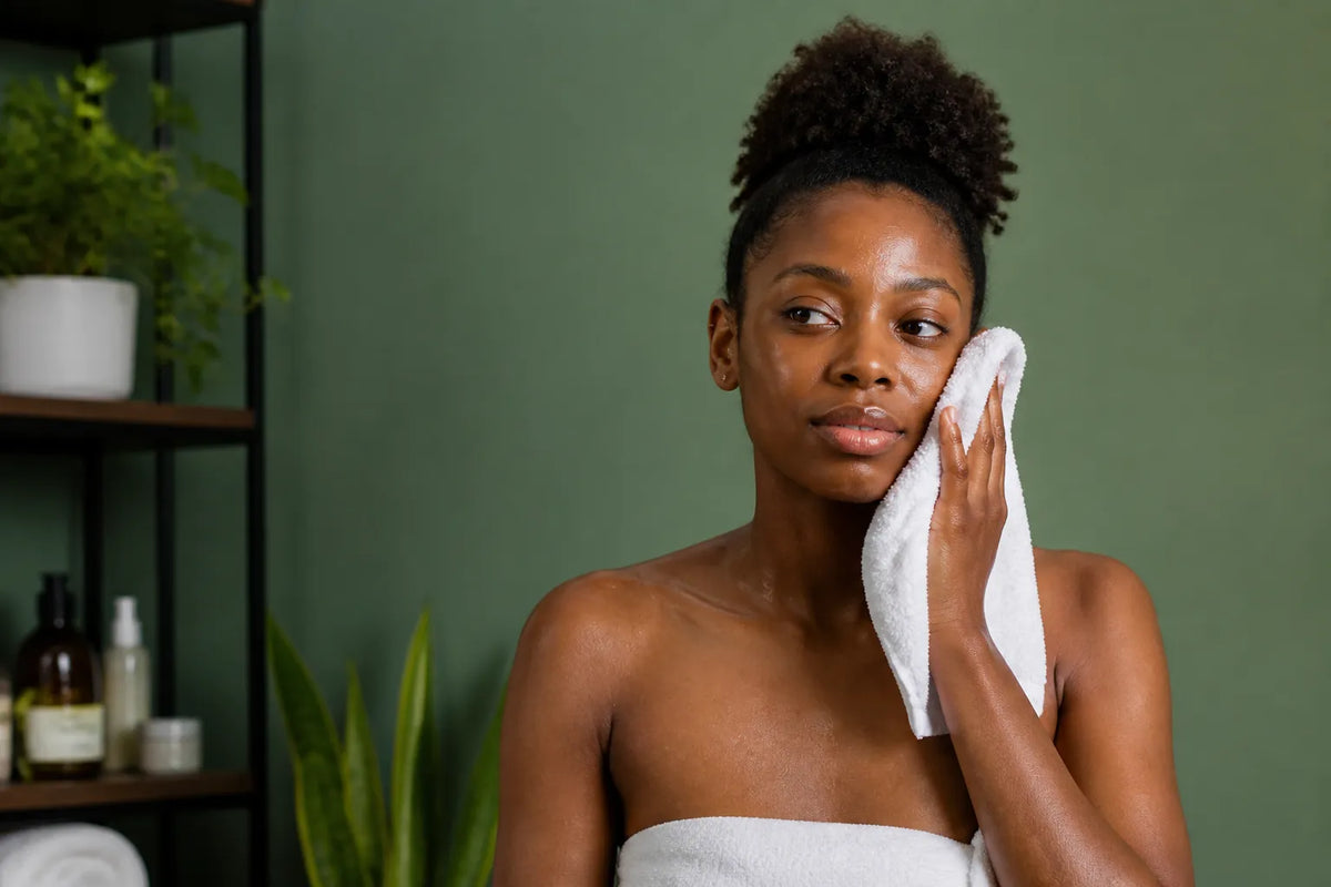 Woman with deep brown skin drying her face