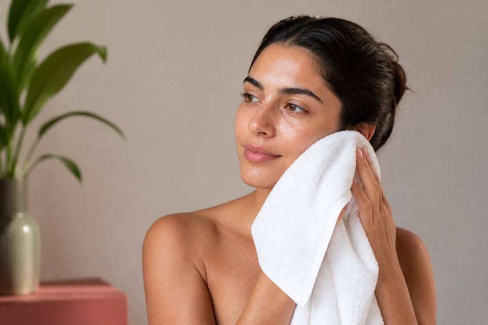 Woman with medium olive skin drying her face