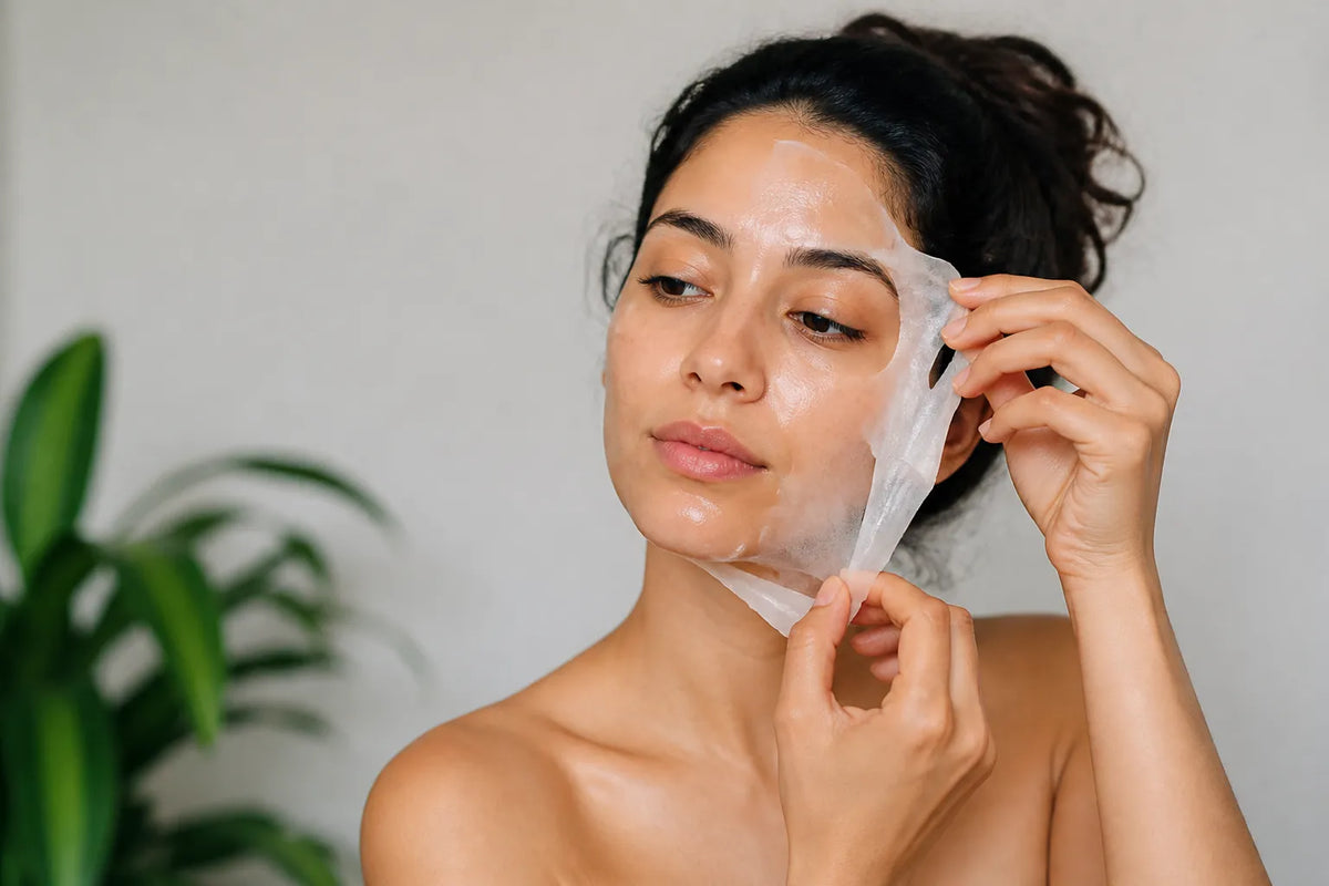 Woman with medium olive skin removing a face mask