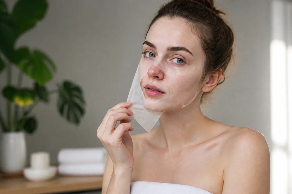 Woman with very fair skin removing a face mask