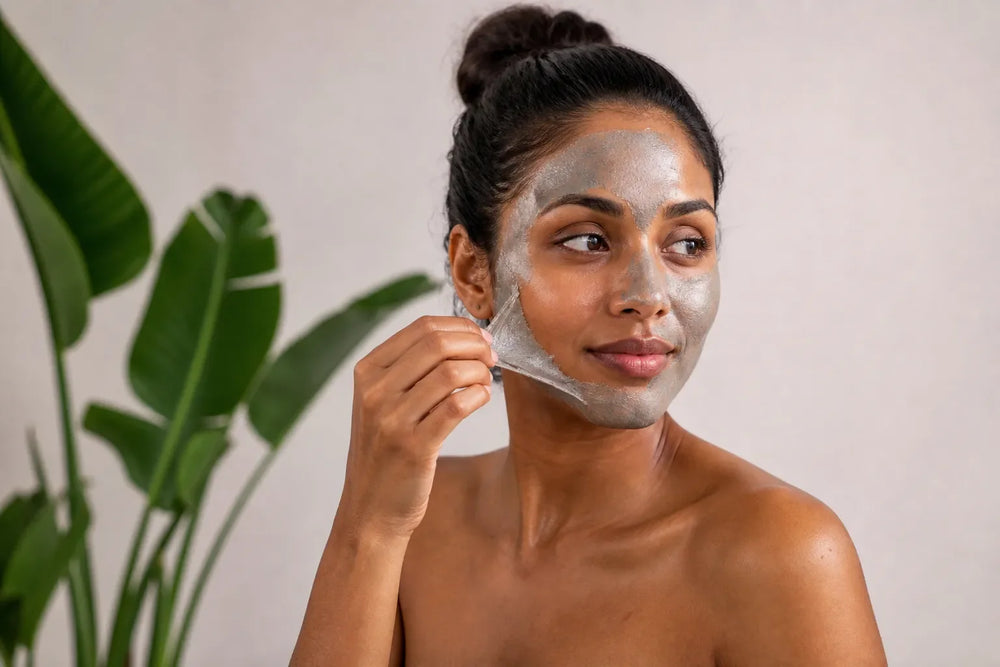 Woman with warm brown skin removing a face mask