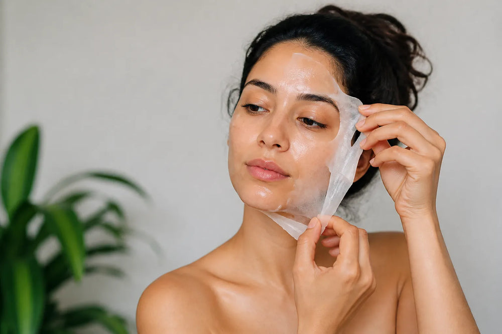 Woman with medium olive skin removing a face mask