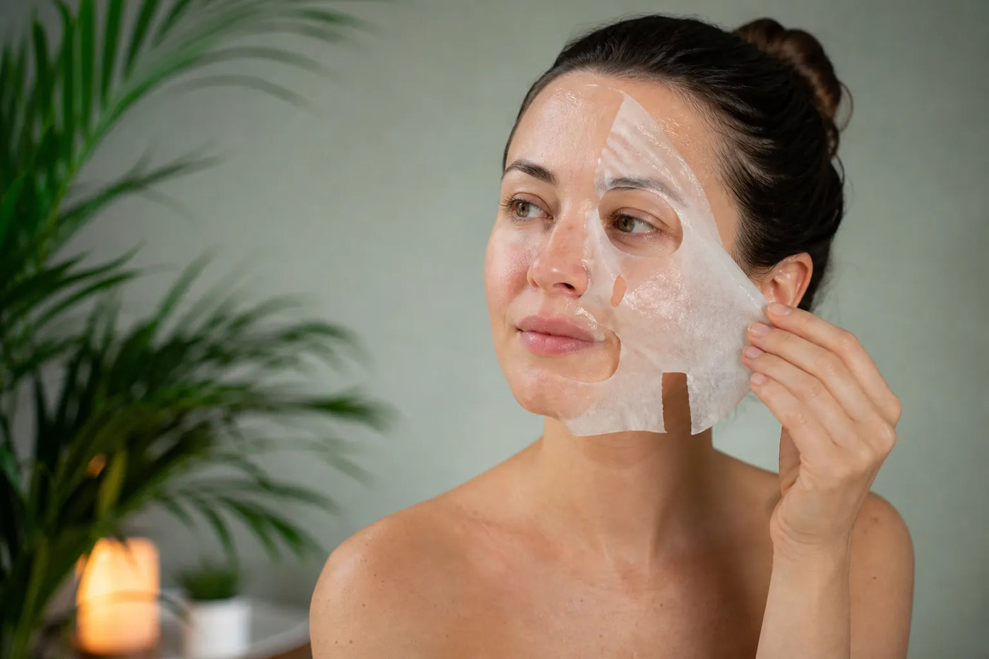 Woman with light skin removing a face mask