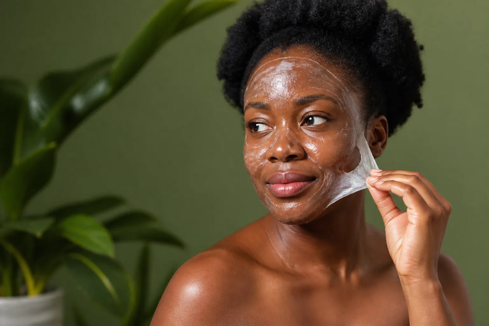 Woman with deep brown skin removing a face mask