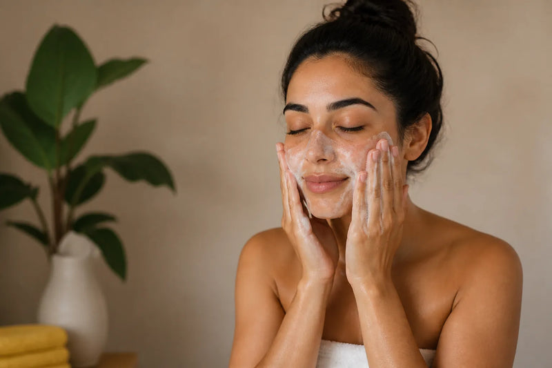 Woman with medium olive skin washing her face