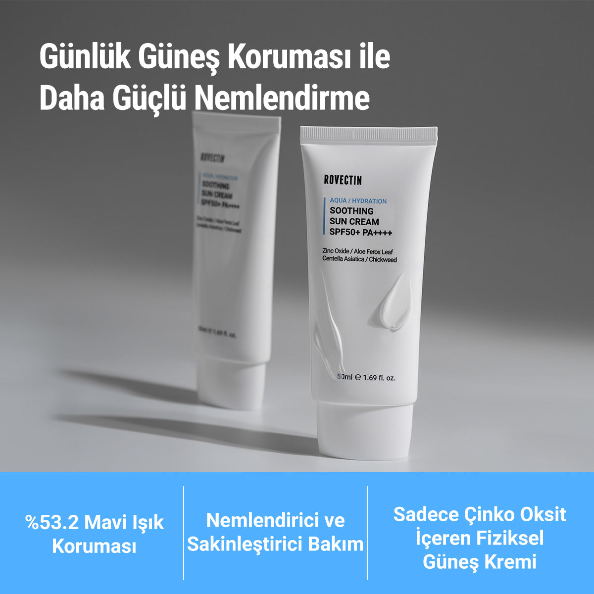Rovectin - Aqua Soothing Sun Cream SPF50+ PA++++ 50ml (%100 Fiziksel Mineral Filtreli Stres Önleyici Güneş Kremi) 50ml