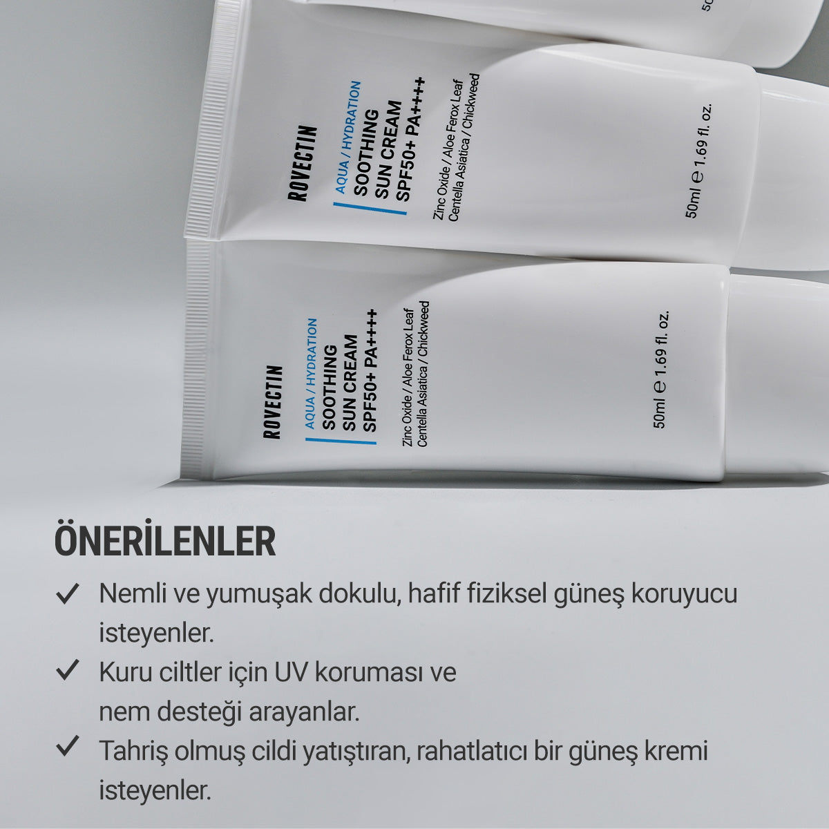Rovectin - Aqua Soothing Sun Cream SPF50+ PA++++ 50ml (%100 Fiziksel Mineral Filtreli Stres Önleyici Güneş Kremi) 50ml
