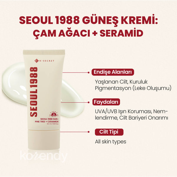 K-Secret - SEOUL 1988 Sun Pine Tree + Ceramide (Çam Özlü ve Seramidli, Koruyucu Bariyer Bakımı Sunan, Anti-Aging Destekli Güneş Kremi SPF 50+ PA++++) 50ml