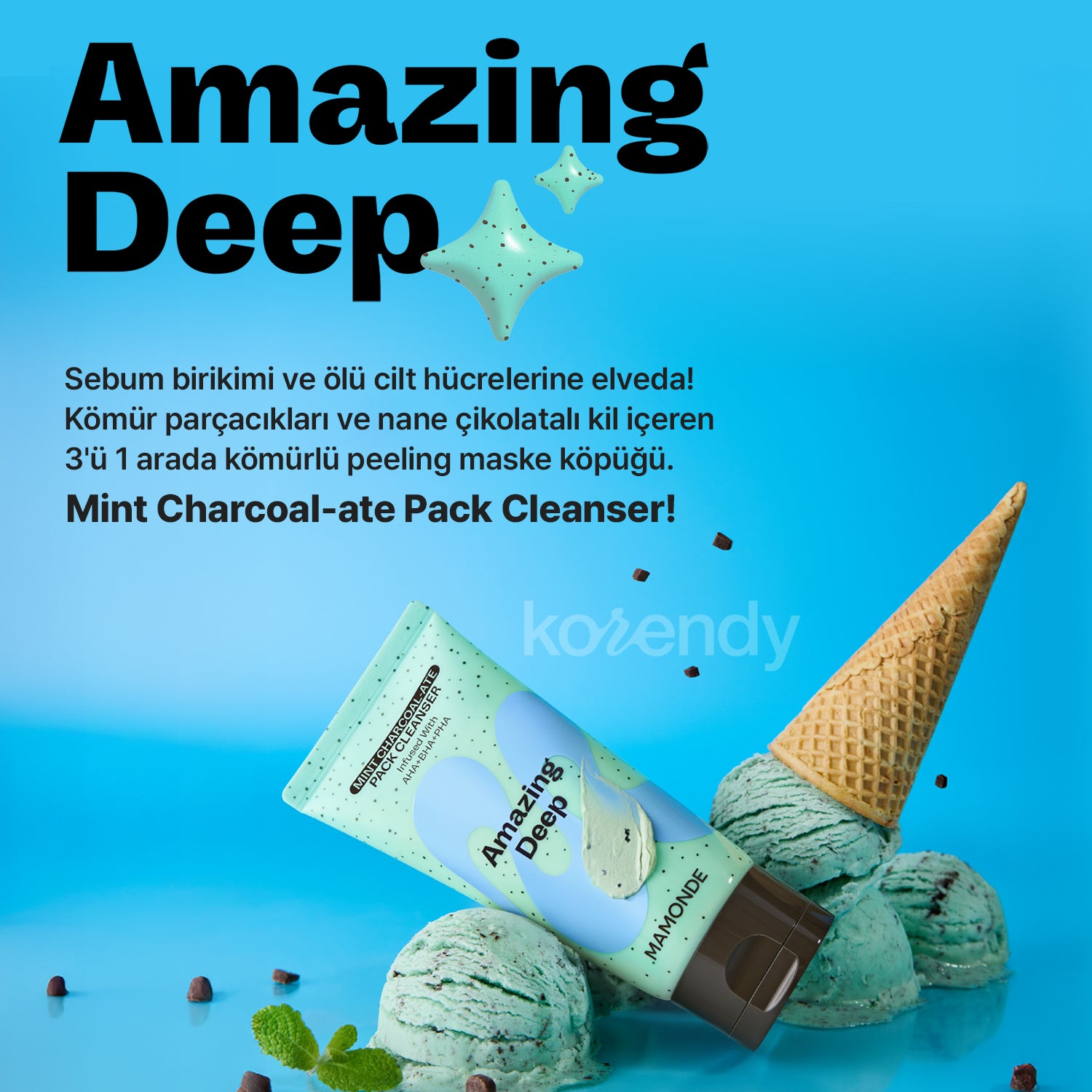 Mamonde - Amazing Deep Mint Charcoal-ate Mask to Foam Cleanser (Gözenek Arındırıcı ve Serinletici Nane & Kömür İçeren Maske-Köpük Temizleyici) 135g (Sepette %15 ~ %30 Lansman İndirimli)