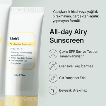 Klairs - All Day Airy Sunscreen SPF 50+ PA++++ (Hafif Dokulu Su Bazlı Güneş Koruyucu Krem) 50gr