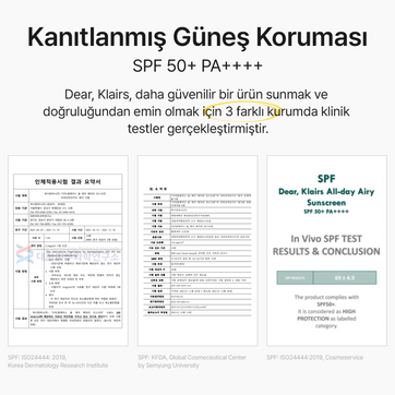 Klairs - All Day Airy Sunscreen SPF 50+ PA++++ (Hafif Dokulu Su Bazlı Güneş Koruyucu Krem) 50gr
