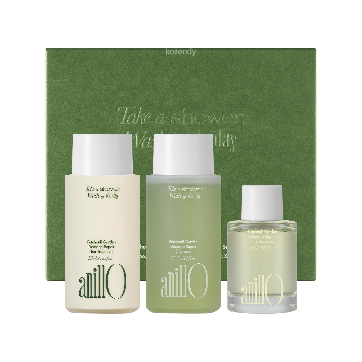 Anillo - Patchouli Garden Damage Repair Travel Shower Set (2 x 55 ml + 10ml) (Paçuli Özlü Üç Adımlı Seyahat Boyu Saç Bakım Seti)
