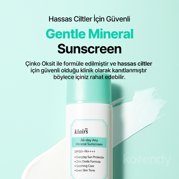 Klairs - All-day Airy Mineral Sunscreen SPF 50+ PA++++ (Ultra Hafif Dokulu Çinko Oksitli Leke Karşıtı Mineral Güneş Kremi)