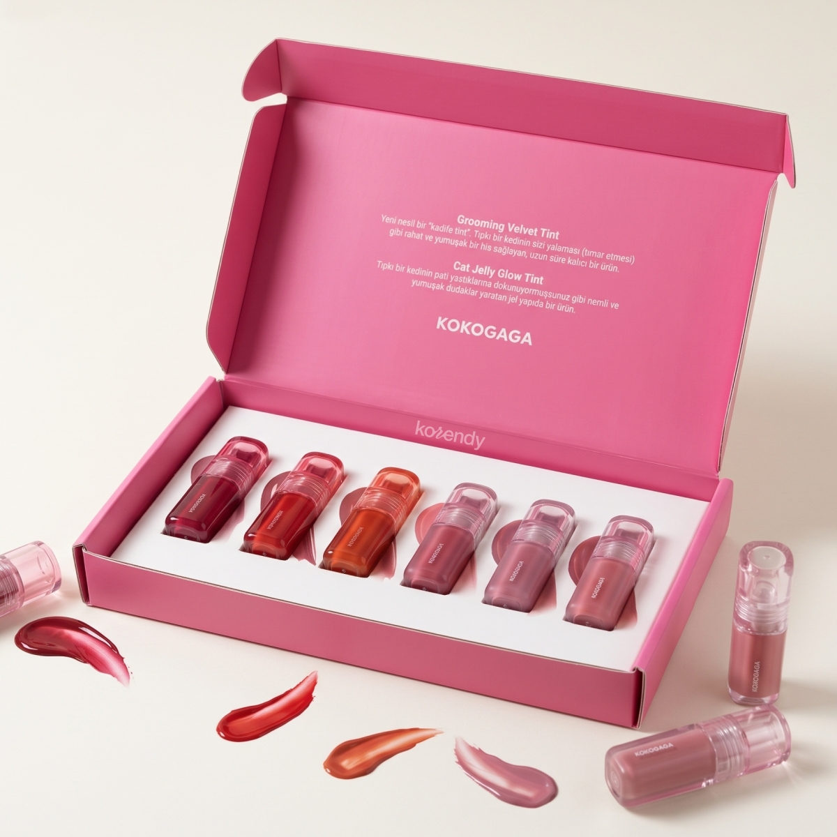 KOKOGAGA - Tint Discovery Kit (4g x 6) (Parlak ve Kadifemsi Bitişleri Buluşturan Altı Renkli Dudak Tint Seti)