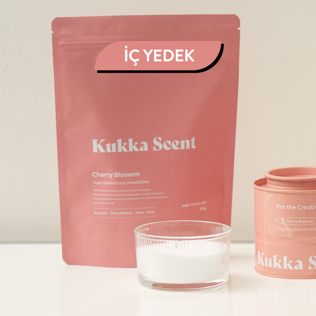 Kukka Scent - Sugar Candle Cherry Blossom (Fitalatsız Parafinsiz, %99 Palm Wax + %1 Kiraz Çiçeği ve Misk Kokulu İnci Mum) (%15-%30 Lansman İndirimi)