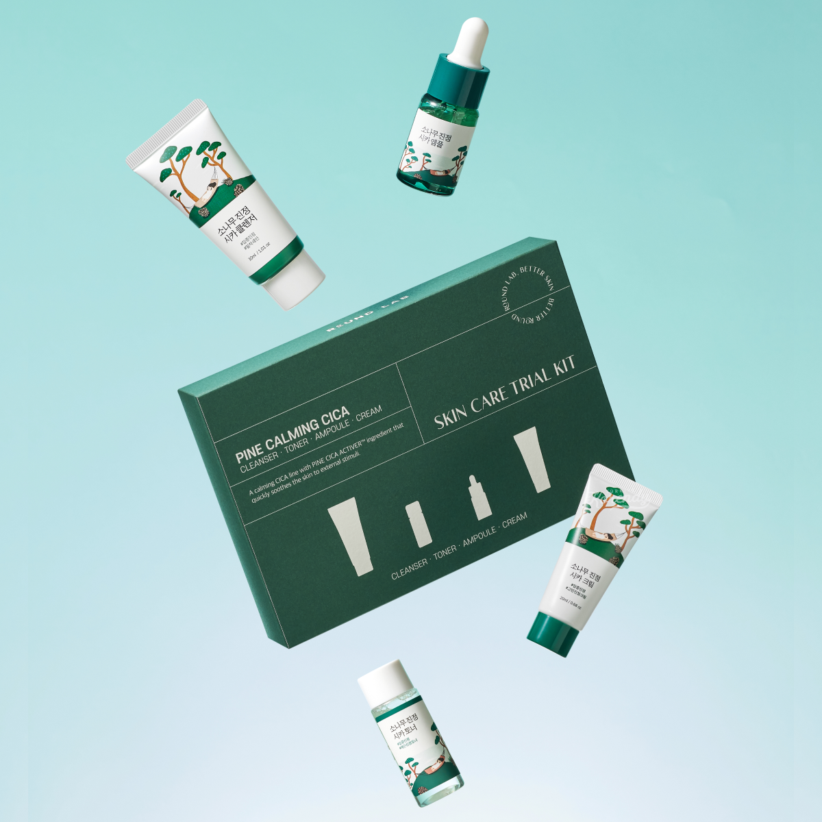 Round Lab - Pine Calming Cica Trial Kit (Cleanser 30ml + Toner 20ml + Ampoule 10ml + Cream 20ml)
